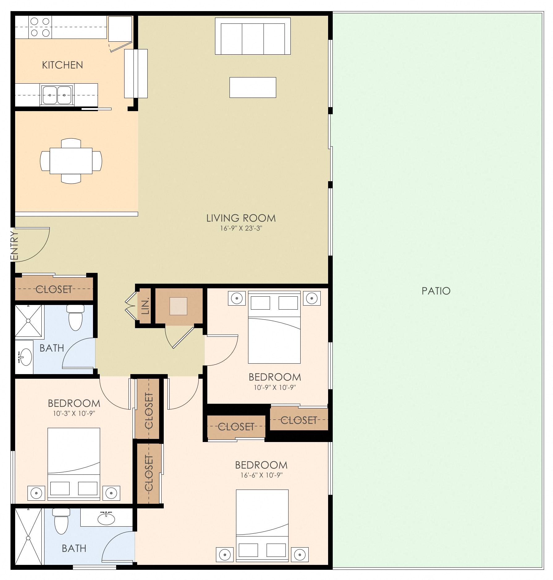Floor plan for 3 beds, 2 baths